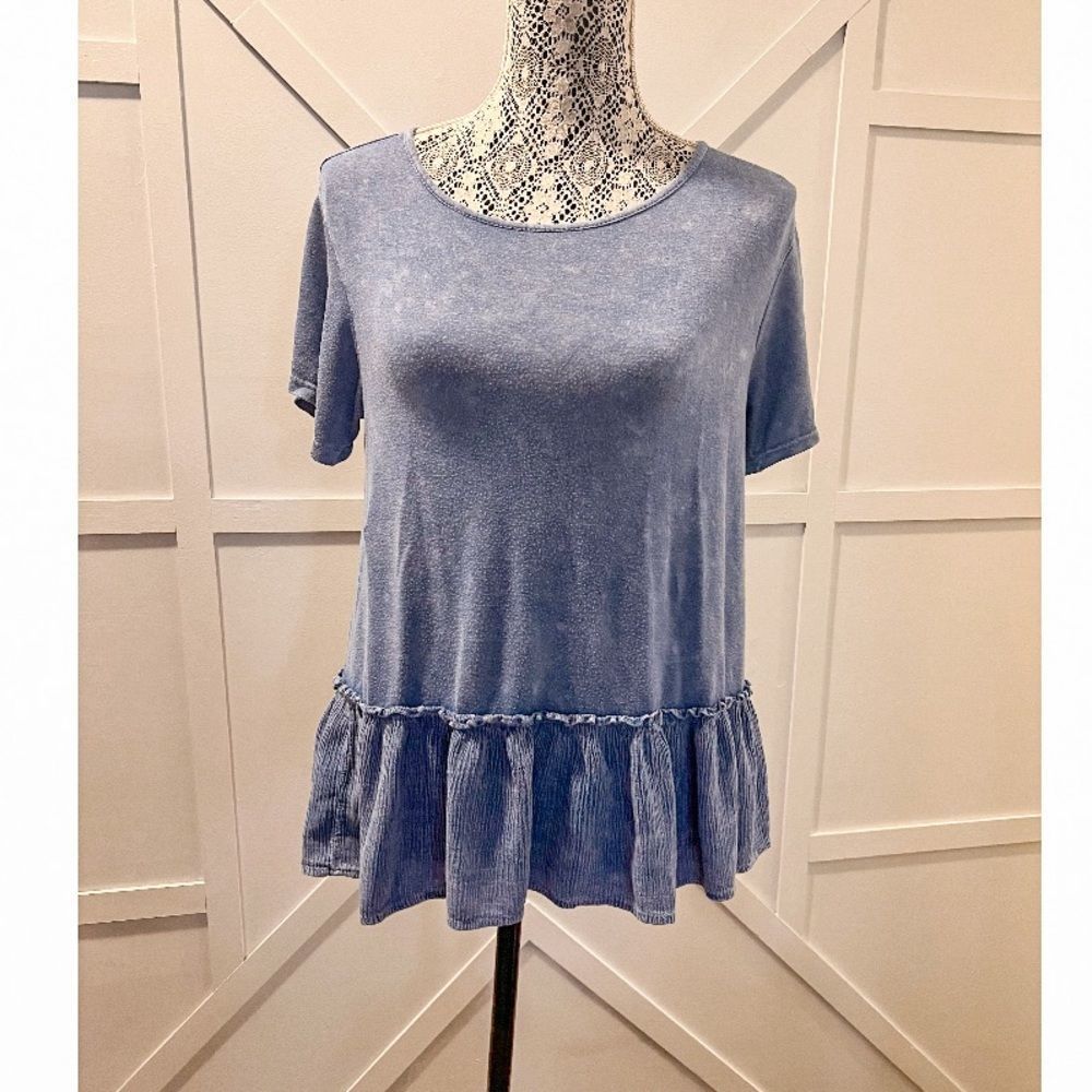 Ayla Ruffle Bottom Denim Look Soft Stretchy Feel Open Back Short Sleeve, Medium